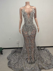 Thea Black Alluring Sequin and Feather Deep V Mermaid Gown- Ready to Ship