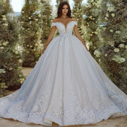 A Line Boat Neck Wedding Dresses Floor Length Beaded Lace Appliques Bridal Gowns with Cathedral Train