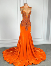 Elegant Orange Velvet Rhinestone Prom Dress 2025