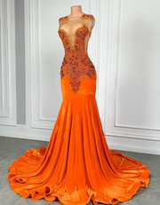 Elegant Orange Velvet Rhinestone Prom Dress 2025