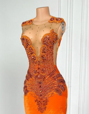 Elegant Orange Velvet Rhinestone Prom Dress 2025