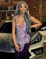 Glitter Purple Rhinestones Prom Dress 2025