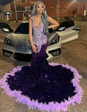 Glitter Purple Rhinestones Prom Dress 2025