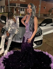 Glitter Purple Rhinestones Prom Dress 2025