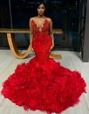 Sexy Crystal Red Ruffled Mermaid Prom Dress 2025