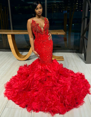 Sexy Crystal Red Ruffled Mermaid Prom Dress 2025