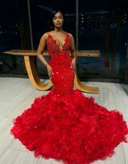 Sexy Crystal Red Ruffled Mermaid Prom Dress 2025