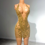 Sparkly Golden Glass Diamond Sheer Birthday Dress