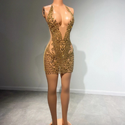 Sparkly Golden Glass Diamond Sheer Birthday Dress