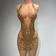Sparkly Golden Glass Diamond Sheer Birthday Dress