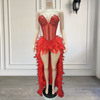 Red V Neck Crystal Corset Mesh Feathers Birthday Dress