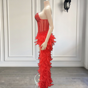 Red V Neck Crystal Corset Mesh Feathers Birthday Dress