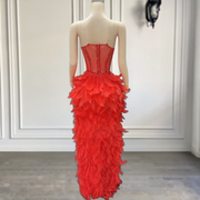 Red V Neck Crystal Corset Mesh Feathers Birthday Dress