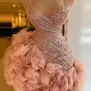 Dusty Pink Sequins Halter Sexy Back Ruffles Birthday Dress
