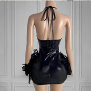Mannequin Wearing a Black Halter Rhinestone Unique Feathers Birthday Dress with Crystal Embellishments and Feather Accents, Styled for Luxe Celebrations