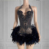 Mannequin Wearing a Black Halter Rhinestone Unique Feathers Birthday Dress with Crystal Embellishments and Feather Accents, Styled for Luxe Celebrations
