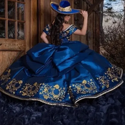 Navy Blue Embroidery Quinceañera Dress: Off-Shoulder Charro