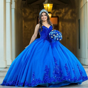 Shiny Applique Beading Princess Royal Blue Quinceañera Dress