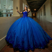 Shiny Applique Beading Princess Royal Blue Quinceañera Dress