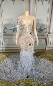 Amira sparkly rhinestone feather floor-length prom dress elegant evening gown.