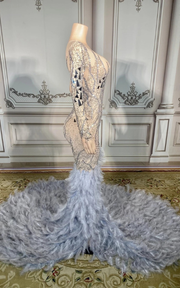 Amira sparkly rhinestone feather floor-length prom dress elegant evening gown.