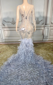 Amira sparkly rhinestone feather floor-length prom dress elegant evening gown.