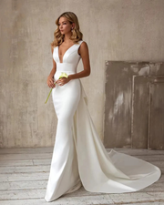 Elegant V Neck Mermaid Satin Wedding Dresses With Big Bow Backless