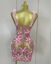 Tati wearing a sparkly diamond flowers feathers short dress for prom night.