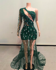 Serenity Emerald Green One-Sleeve Sequin Prom Dress with Slit