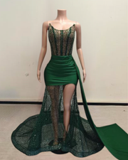 Simone sparkling emerald prom dress with green sequin details and elegant fitted design.