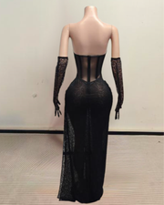 Ashanti beaded mermaid prom dress with side slit and matching gloves, featuring shimmering beadwork.