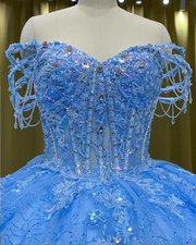 Bejeweled off-shoulder gown with 3D floral lace and star embellishments for proms, galas, or special occasions.