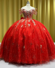 Off-Shoulder Scarlet Red Sequin Princess Quinceañera Dress