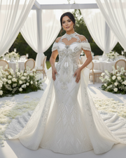 Classic short sleeve wedding dress with fitted bodice and sweep train for elegant bridal wear.