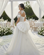 Classic short sleeve wedding dress with fitted bodice and sweep train for elegant bridal wear.