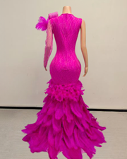 Pink sparkly prom dress with rhinestones, diamond details, and ostrich feather train – elegant long evening gown for women