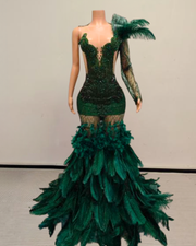 Green sparkly prom dress with rhinestones, diamond details, and ostrich feather train – elegant long evening gown for women
