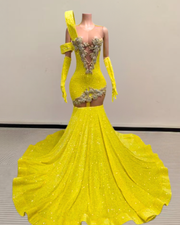 shiny sequin mermaid prom dress with a fitted silhouette and flared hem