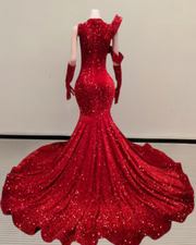 shiny sequin mermaid prom dress with a fitted silhouette and flared hem