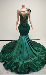 Sadie emerald green beaded mermaid prom dress with one-shoulder illusion bodice for prom, evening parties, or weddings.