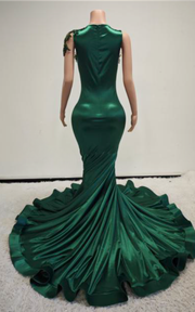 Sadie emerald green beaded mermaid prom dress with one-shoulder illusion bodice for prom, evening parties, or weddings.