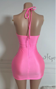 Pink halter luxury beaded birthday dress with sparkling details for celebrations and parties.