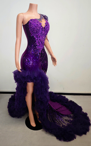 Purple luxury red mermaid prom dress with side split ruffles glitter beads crystals