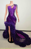 Purple luxury red mermaid prom dress with side split ruffles glitter beads crystals