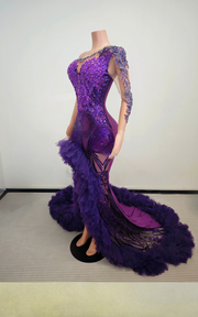 Purple luxury red mermaid prom dress with side split ruffles glitter beads crystals