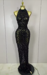 Reign luxury sparkly diamonds mesh long dress with shimmering sequins and sheer fabric.