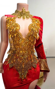 Elegant Red With Gold Crystal Rhinestones Train Prom Dress with High-Neck Choker