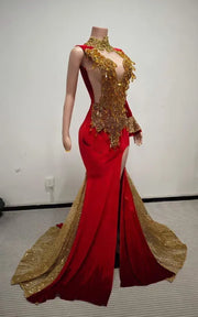 Elegant Red With Gold Crystal Rhinestones Train Prom Dress with High-Neck Choker