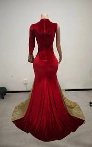 Elegant Red With Gold Crystal Rhinestones Train Prom Dress with High-Neck Choker