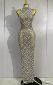 Reign luxury sparkly diamonds mesh long dress with shimmering sequins and sheer fabric.